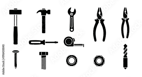 Collection of black silhouette hand tools including hammer, wrench, pliers, screwdriver, bolt, nut, drill bit, measuring tape, screw, screw cap