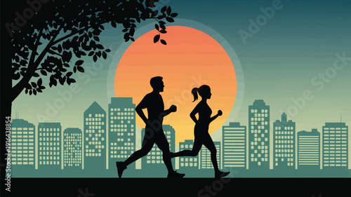 Silhouette of man and woman jogging in city park at sunset, urban skyline background
