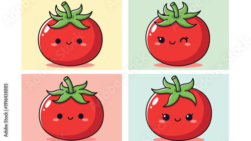 Grid of four red tomato characters with different cute facial expressions including winking and smiling faces.