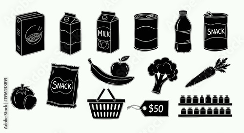 Collection of black and white hand-drawn food and beverage containers, produce, and shopping items