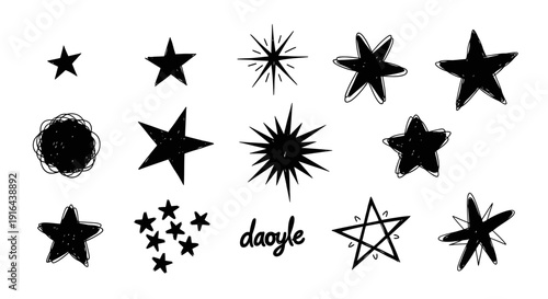 Collection of black star doodles on white background, varied shapes, sizes, and styles