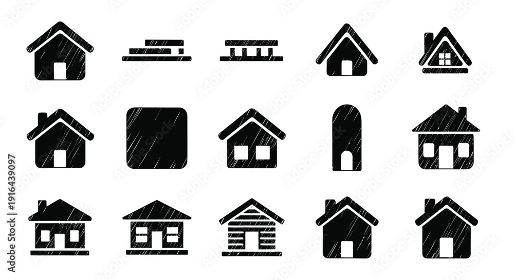 Obraz premium Collection of 15 black and white hand-drawn house icons with varied shapes and roof styles