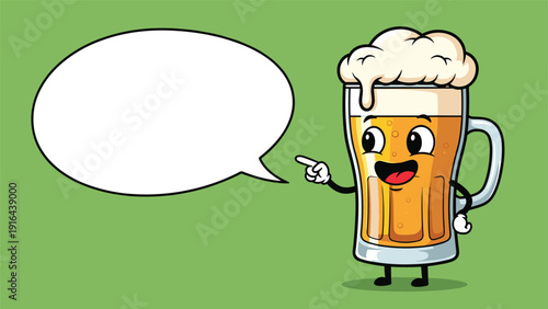 Happy beer mug character pointing at an empty speech bubble for customizable bar or pub advertising messages.