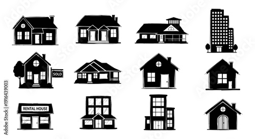 Collection of diverse black and white house silhouettes including cottages, flats, and commercial buildings