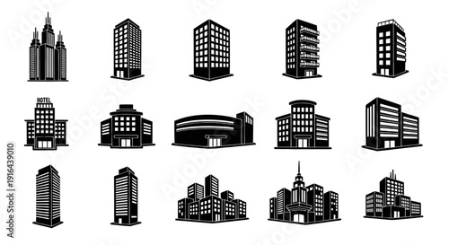 Collection of black silhouettes of various iconic and modern city buildings and skyscrapers