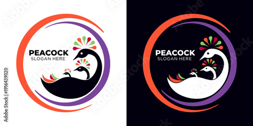 Eye-catching peacock family logos on contrasting backgrounds for versatile branding