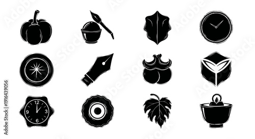 Collection of black-and-white icons including pumpkin, apple with knife, leaf, clock, fruit slice, 