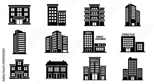 Collection of black silhouettes of diverse building types including apartments, offices, flats, and houses