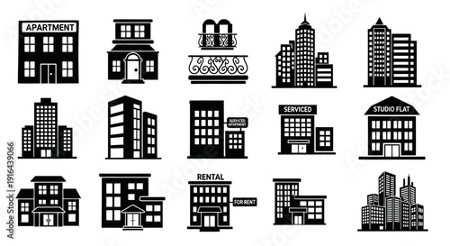 Collection of black silhouette apartment, house, and building icons with varied architectural styles