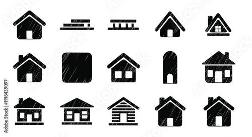 Collection of 15 black and white hand-drawn house icons with varied shapes and roof styles