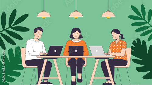 Group of young professionals collaborating on digital projects using laptops in eco friendly interior