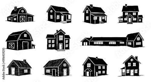 Collection of black and white house illustrations showcasing diverse architectural styles and sizes