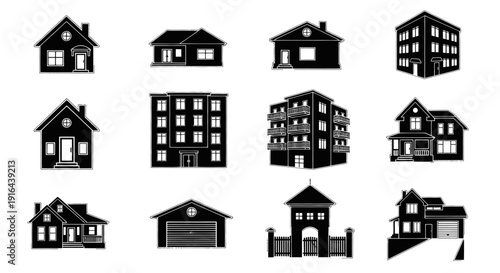Collection of various residential and commercial building silhouettes with different architectural styles