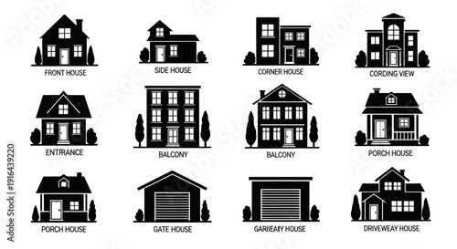Collection of various house silhouettes with distinct architectural features, labeled with different house types