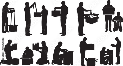 Silhouettes of people moving and lifting heavy objects together