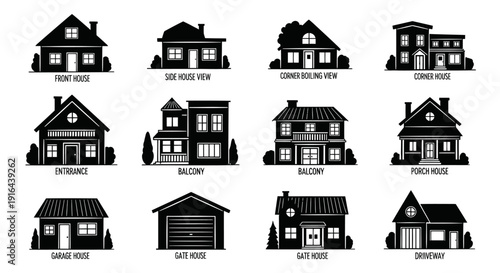 Collection of 12 black and white house icons depicting various architectural styles and features