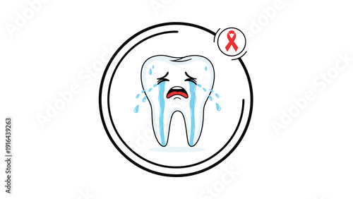 Dental health illustration of a crying tooth character inside a circle with a red AIDS awareness ribbon symbol.