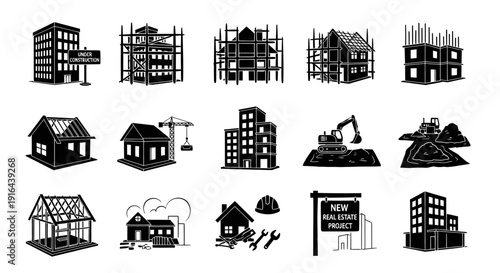 Collection of black silhouettes illustrating various stages of building construction and real estate