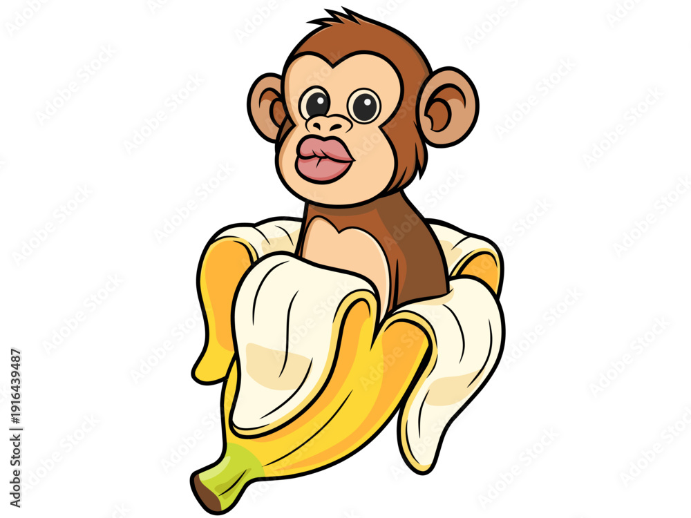 Obraz premium Vector of funny baby monkey sitting inside peeled banana, playful cartoon style, perfect for kids, humor, mascot, or tropical fruit illustrations
