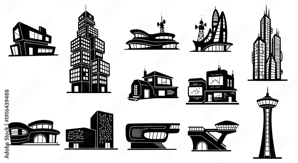 Fototapeta premium Collection of diverse modern and futuristic building silhouettes with innovative architectural styles