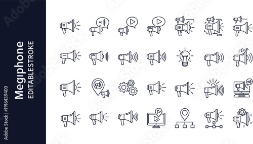 Megaphone and announcement line icons collection with loudspeaker, marketing, promotion, advertising, notification, and broadcast communication vector outline set