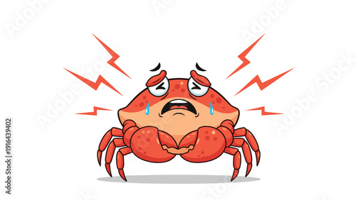 Sad red crab character crying with tears and electric stress lines representing anxiety or pain in the deep sea.