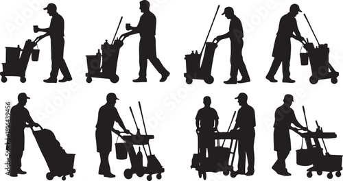 Silhouettes of janitors with cleaning carts and equipment