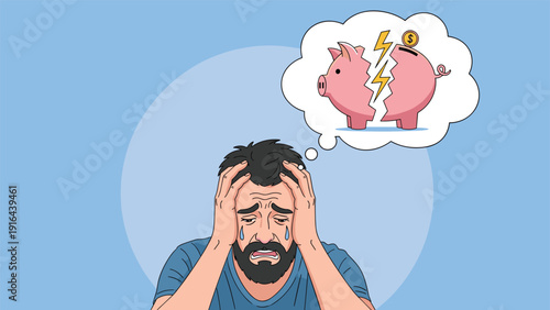 Stressed man holding his head in despair while thinking about a broken piggy bank and financial loss concepts.