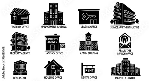 Collection of black-and-white illustrations representing various real estate and property management office buildings with labels