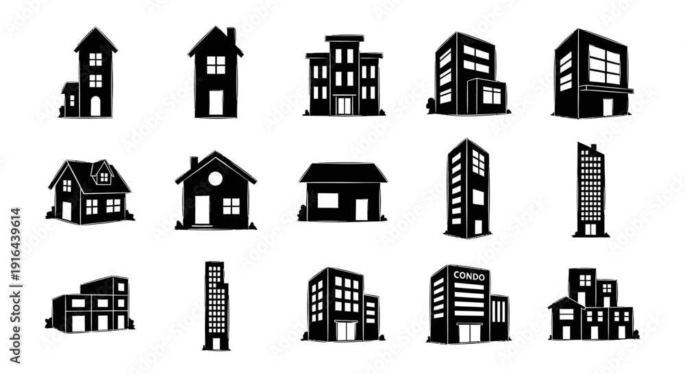 Fototapeta premium Variety of black and white building silhouettes including houses, apartments, and skyscrapers
