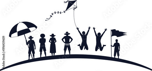 Children playing silhouette on hill with kite umbrella and flag happy kids outdoor activity illustration playful group scene