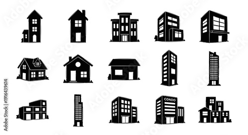 Variety of black and white building silhouettes including houses, apartments, and skyscrapers
