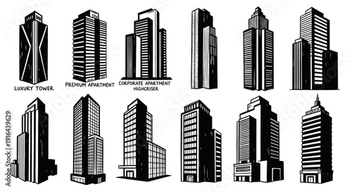 Collection of black and white architectural drawings of various modern high-rise buildings and towers