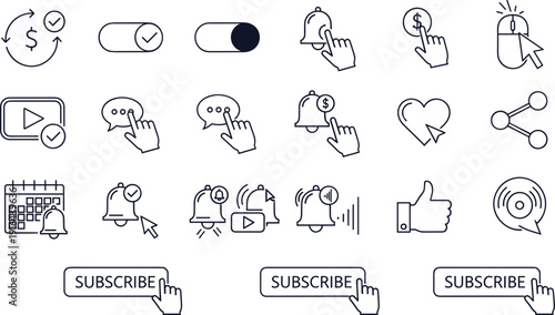 Subscribe and notification line icons collection with bell, like, share, toggle switch, cursor, and social media interaction vector set