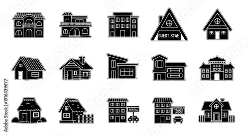 Collection of 15 black and white house icons, representing various architectural styles and types