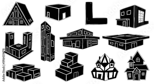 Collection of 12 black-and-white architectural sketches of diverse modern and traditional house designs