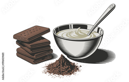 A vintage illustration depicting chocolate biscuits a bowl of cream and cocoa powder