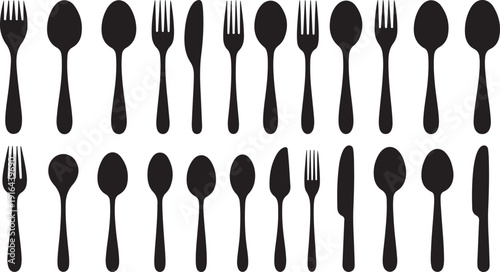 Black silhouettes of various forks and knives and spoons