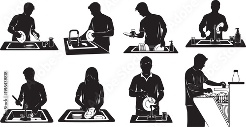 Silhouettes of people cooking in kitchen with various actions