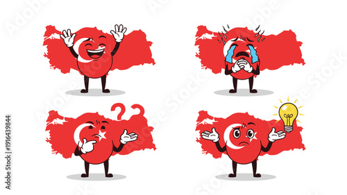 Set of Turkey map characters with different expressions including happy, crying, thinking, and having an idea.