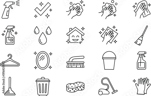 Cleaning service line icons collection with spray bottle, sponge, broom, gloves, bucket, vacuum, and hygiene symbols vector outline set