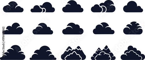 Cloud icon set collection isolated vector silhouettes weather symbols sky shapes design elements for app interface and forecast graphics pack bundle