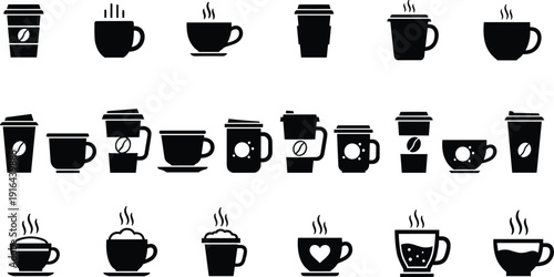 Coffee cup silhouette icons set featuring mugs takeaway cups espresso latte cappuccino beverage collection vector illustration isolated on white background