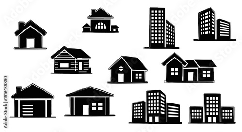 Collection of black and white silhouettes of various residential houses and high-rise buildings