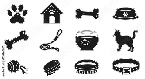 Collection of black and white icons related to pets, including food, toys, accessories, and habitats