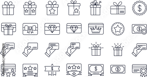 Gift box, reward card and payment icons set, loyalty program, shopping bonus, discount coupon vector line collection design