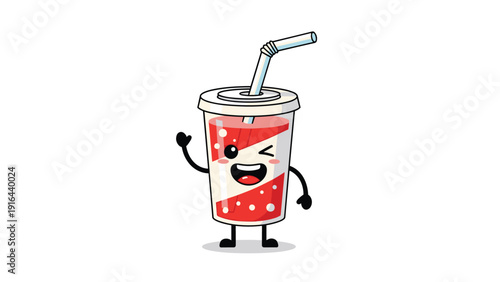 Cheerful fast food soda cup character with a winking face and waving hand for refreshment and beverage brands.