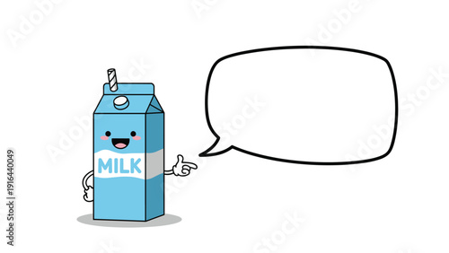 Happy milk carton character pointing at an empty speech bubble for dairy product advertising and messaging.