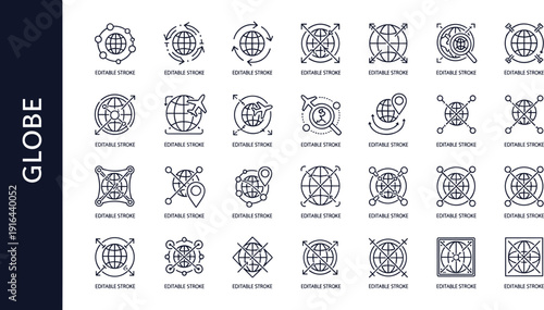 Global network and worldwide connection line icons collection with globe, internet, international communication, and global business vector outline set