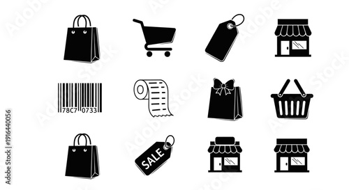 Collection of shopping-related icons including bags, cart, tags, store fronts, barcode, receipt, and sale signs